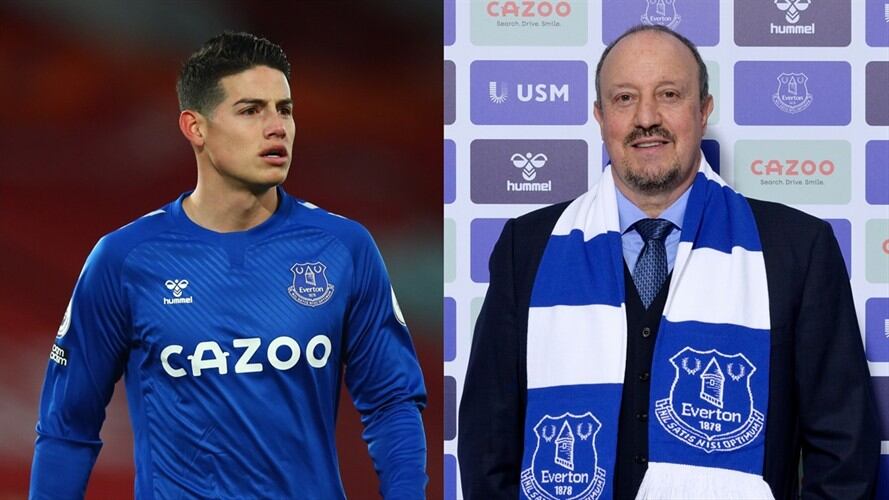 Futbolista colombiano James Rodríguez y entrenador español Rafael Benítez. Foto: Robbie Jay Barratt - AMA/Getty Images - Tony McArdle/Everton FC via Getty Images