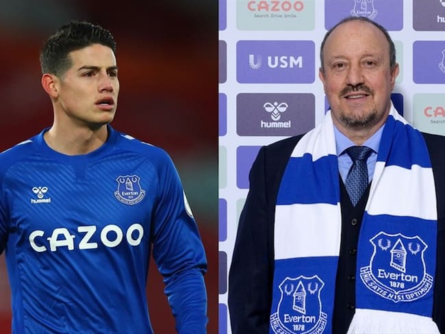 Futbolista colombiano James Rodríguez y entrenador español Rafael Benítez. Foto: Robbie Jay Barratt - AMA/Getty Images - Tony McArdle/Everton FC via Getty Images