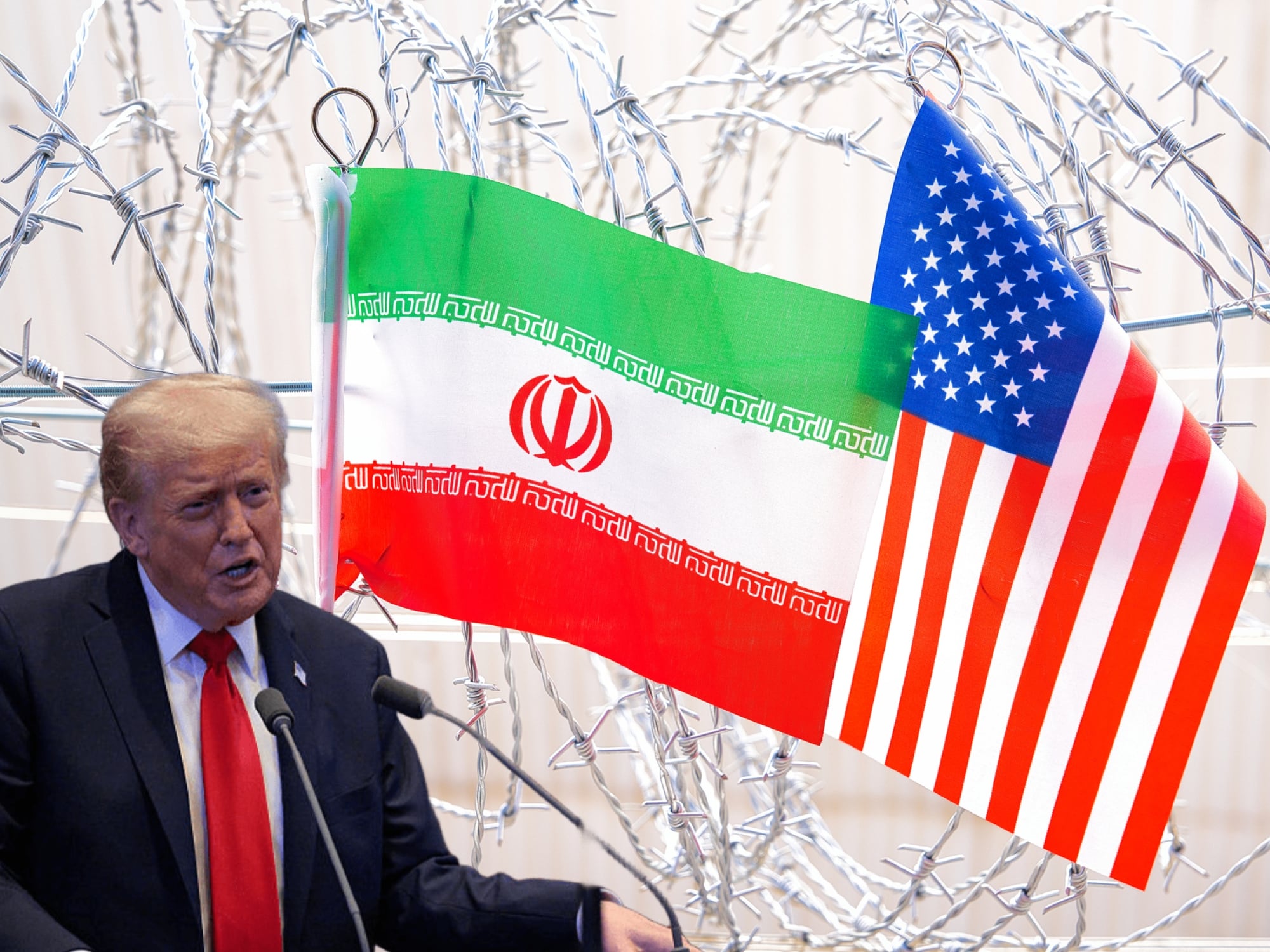 Donald Trump y banderas de Irán y Estados Unidos. Fotos: (Photo by Chip Somodevilla/Getty Images) / Getty Images
