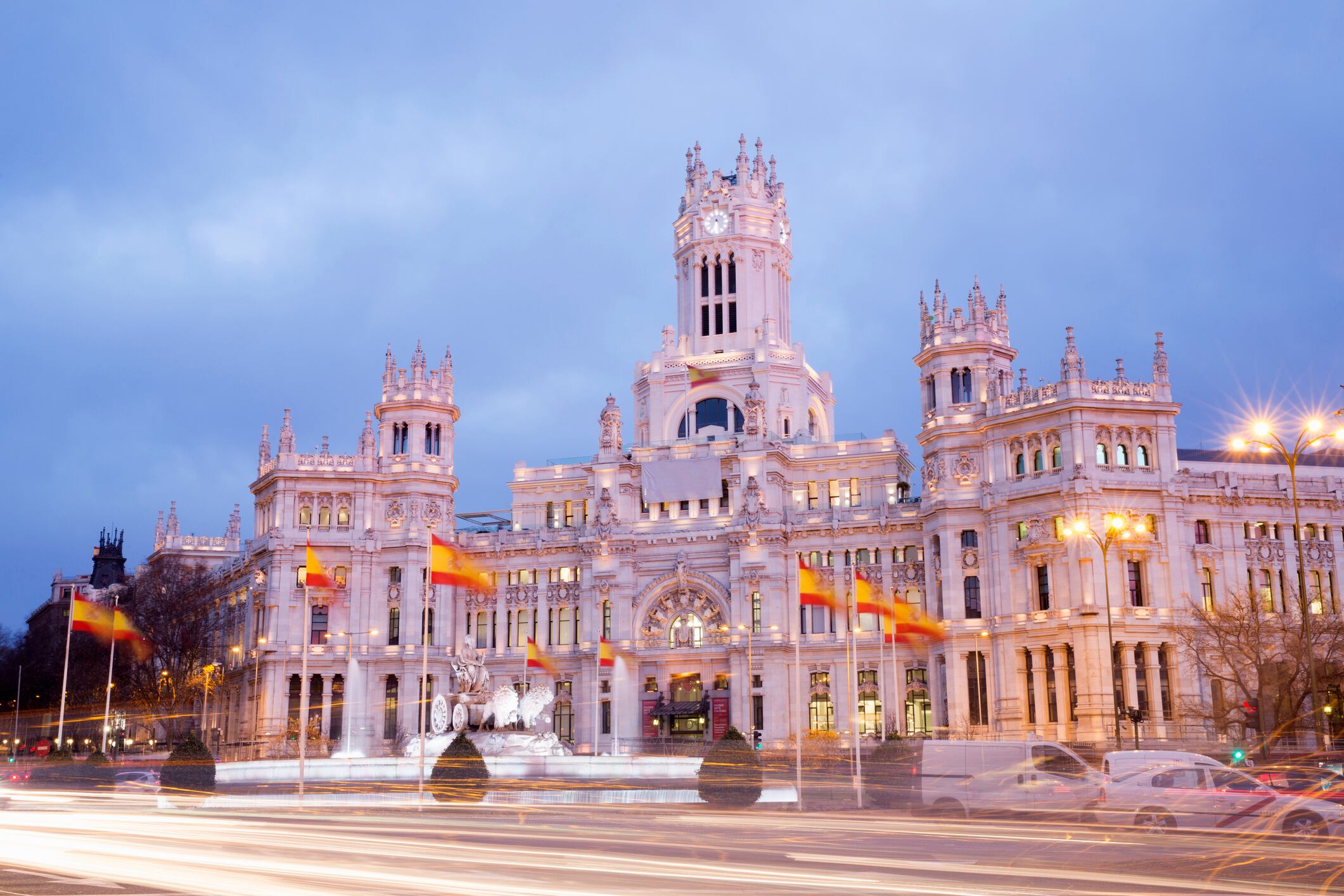 Cibeles Palace square in evening time.
