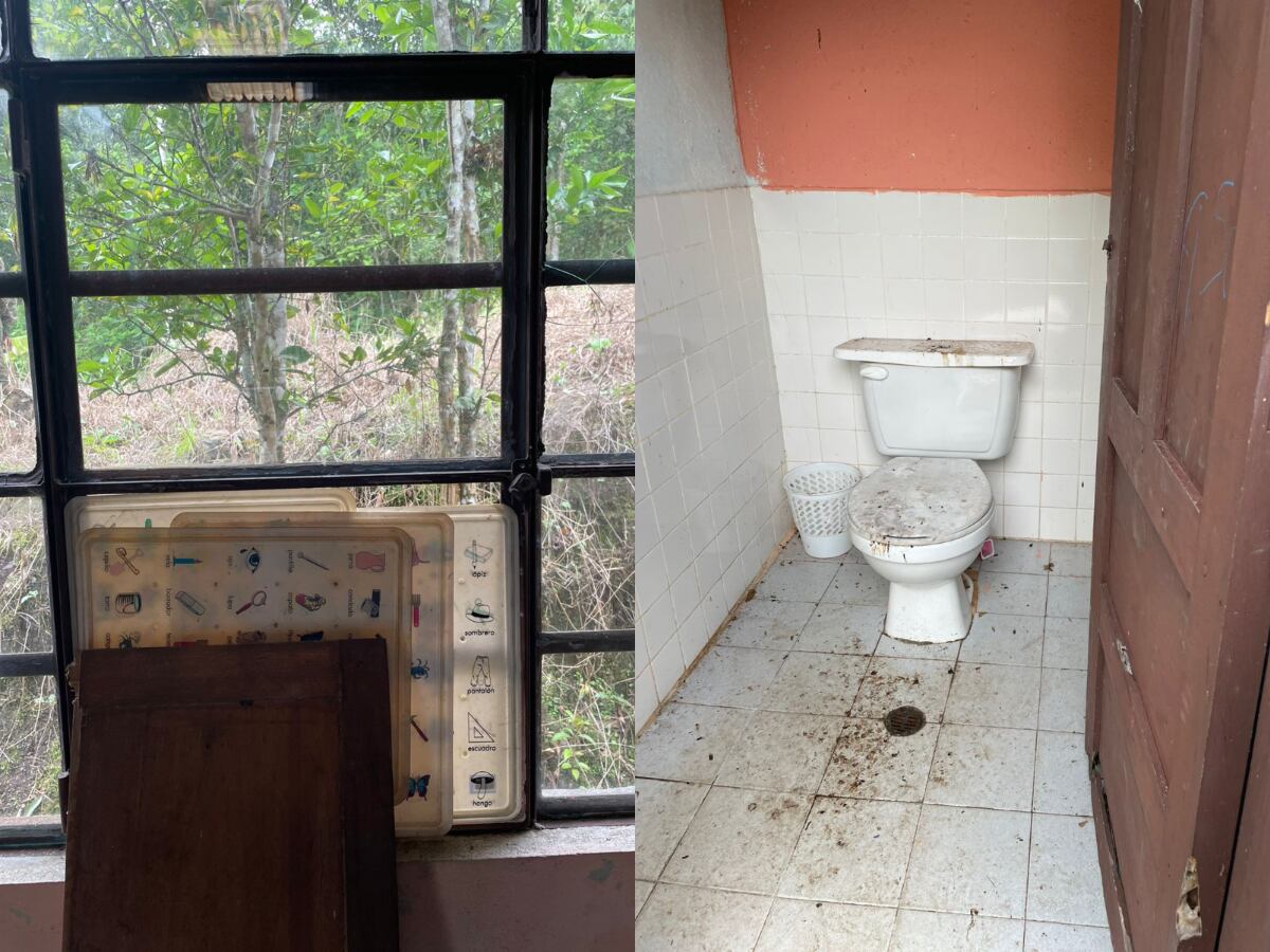 Los niños llegan a su escuela que está en condiciones pésimas. Hay solo un baño que utiliza toda la vereda y los vidrios están rotos