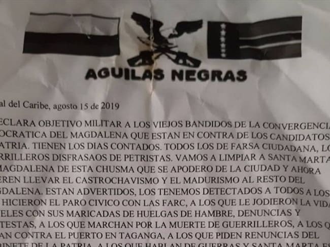 Nuevo panfleto amenazante contra líderes sociales en Santa Marta. Foto: Suministrada