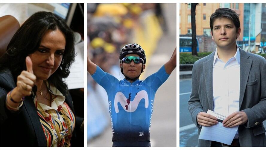 Miguel Uribe y María Fernanda Cabal se "descacharon" al momento de celebrar la victoria del ciclista colombianos.. Foto: Colprensa y Getty Images