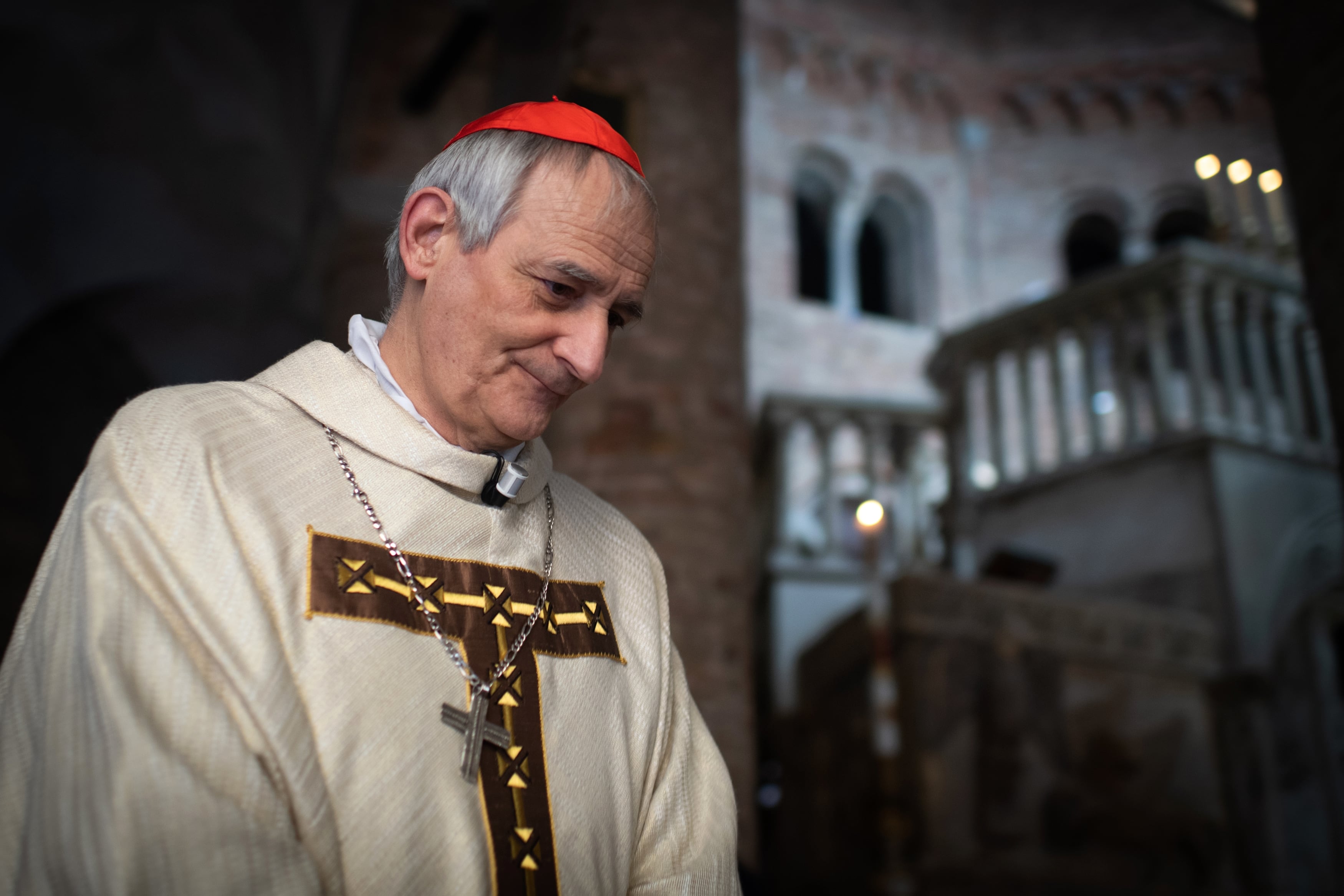 Bologna. Mass Sunday in Albis celebrated by Cardinal Matteo Zuppi, Archbishop of Bologna in the Church of the Holy Sepulchre of St. Stephen's Basilica. Pictured is Cardinal Matteo Zuppi. (Photo by: Massimo Paolone/AGF/Universal Images Group via Getty Images)