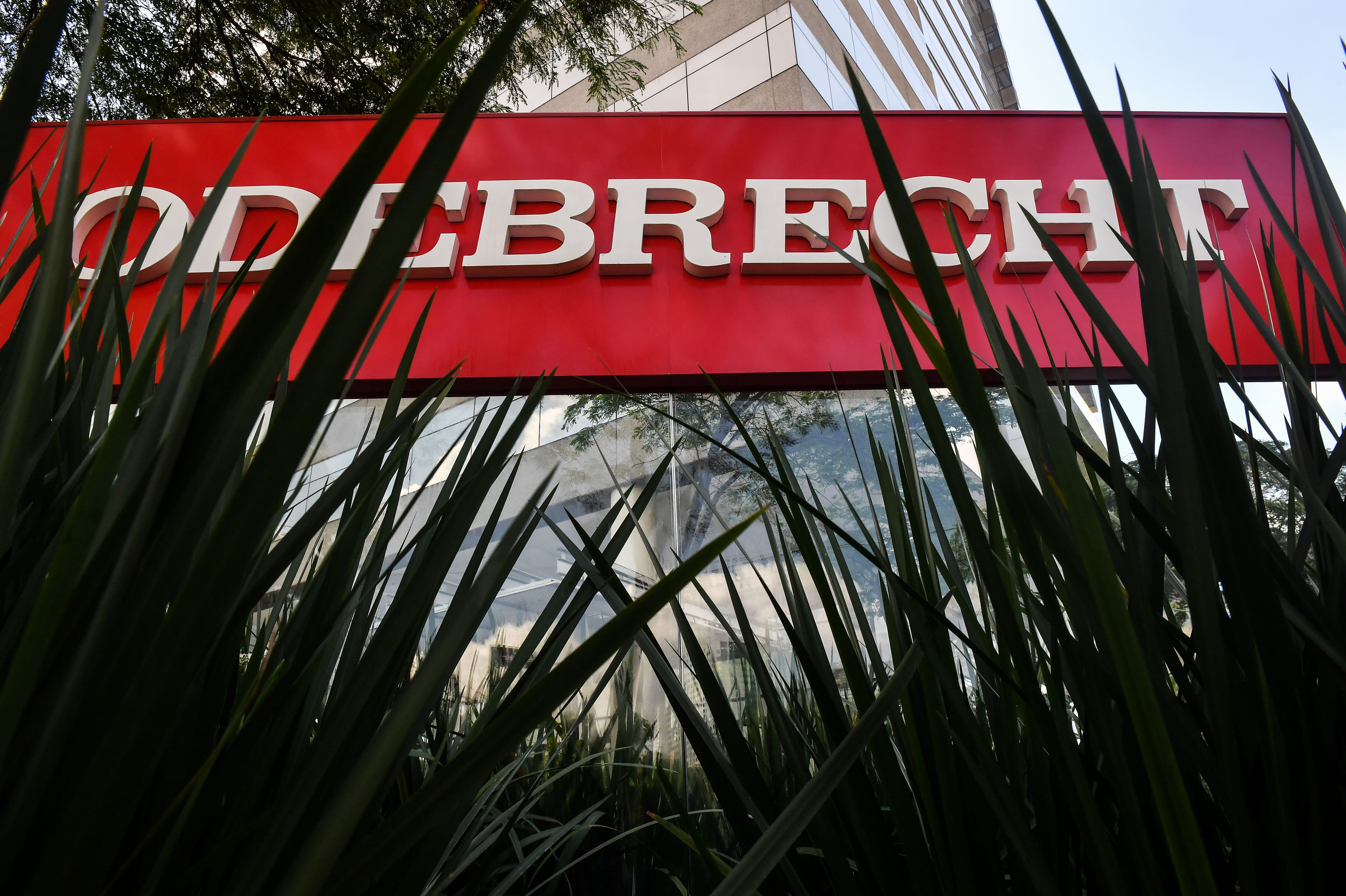 View of the logo of Brazilian construction company Odebrecht in Sao Paulo, Brazil on December 4, 2018. - Odebrecht Engineering and Construction (OEC), which admitted paying bribes in exchange of works in the continent, now assures it is back in the right track. OEC is in the midst of a process of restructuring of its debts and shows optimism towards the future government of Brazilian President-elect Jair Bolsonaro. (Photo by NELSON ALMEIDA / AFP)        (Photo credit should read NELSON ALMEIDA/AFP via Getty Images)