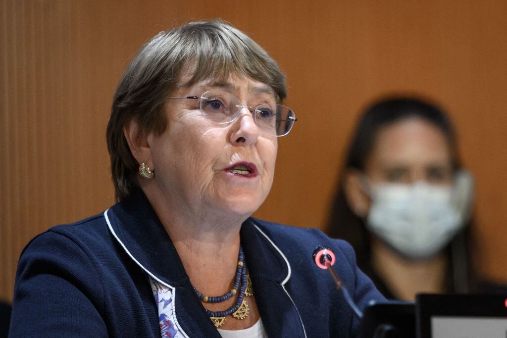 United Nations High Commissioner for Human Rights Michelle Bachelet delivers a speech during an urgent debate on the Ukraine conflict at the UN Human Right Council in Geneva on March 3, 2022 - The UN human rights chief slammed Russia's attack on Ukraine, warning of a "massive impact" on the rights of millions and cautioning that heightened nuclear threat levels showed all of humanity was at risk. (Photo by Fabrice COFFRINI / AFP) (Photo by FABRICE COFFRINI/AFP via Getty Images)