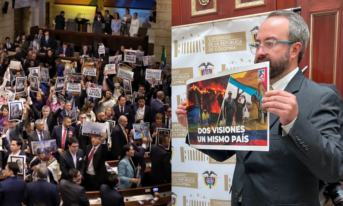 Los carteles en la instalación del Congreso este 20 de julio de 2022. Fotos: Colprensa / María Kamila Correa.