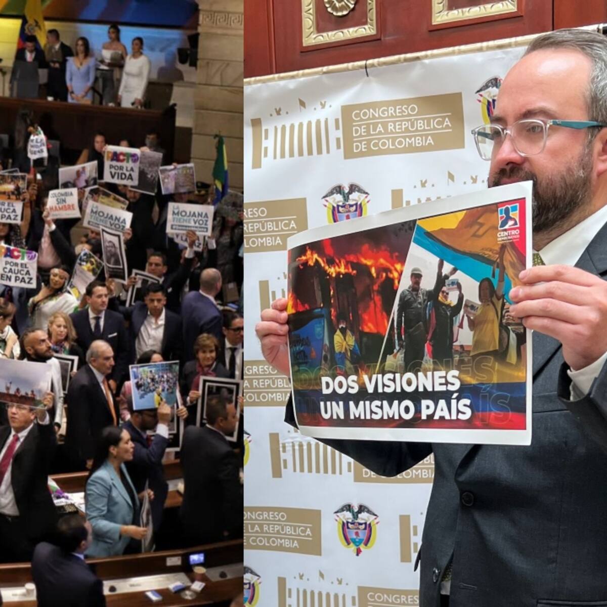 Carteles de líderes sociales y del Centro Democrático en la instalación del Congreso