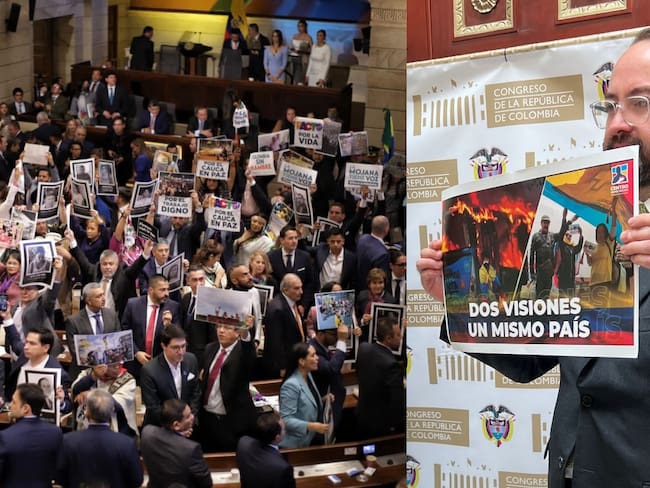 Los carteles en la instalación del Congreso este 20 de julio de 2022. Fotos: Colprensa / María Kamila Correa.