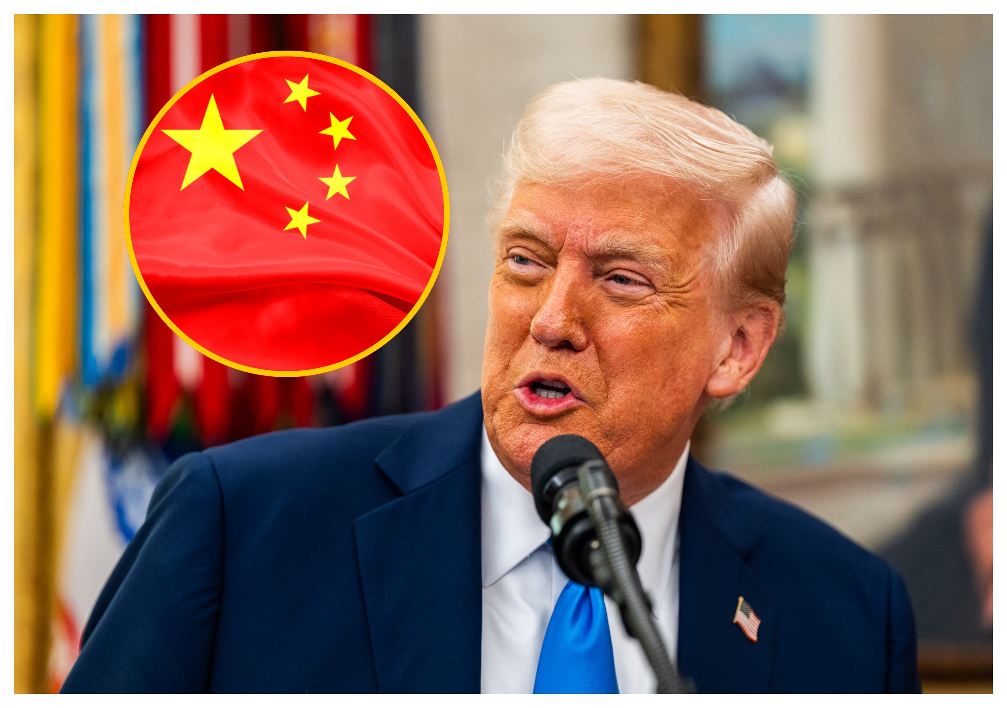 Donald Trump y bandera de China. Foto:  Demetrius Freeman/The Washington Post via Getty Images.