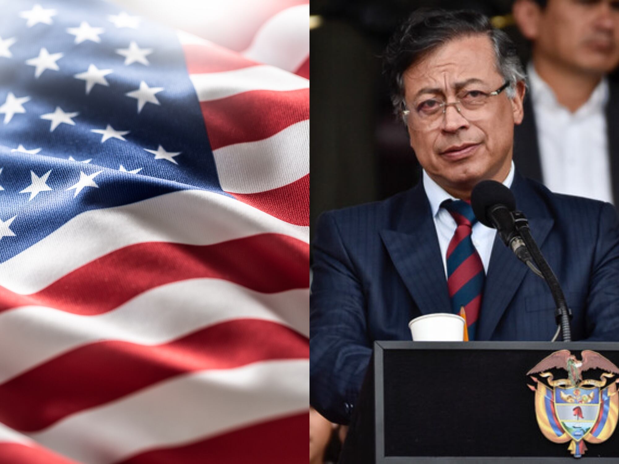 Bandera de Estados Unidos y presidente Gustavo Petro. Fotos: Getty Images /  (Colprensa - Cristian Bayona).
