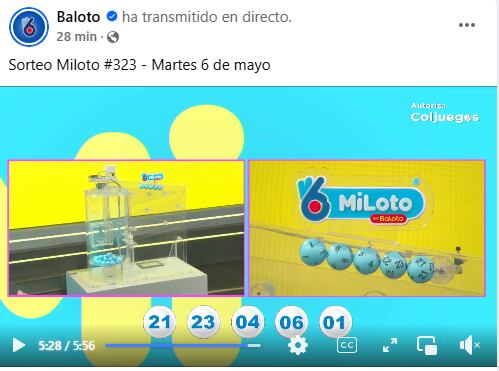 Resultados del sorteo Miloto #323 - Martes 6 de mayo. Foto tomada de Transmisión en vivo de Baloto.