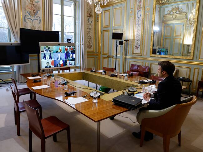Foto de la reunión virtual de los líderes del G7 tras las acciones de Rusia contra Ucrania. (Photo by Ludovic MARIN / various sources / AFP) (Photo by LUDOVIC MARIN/AFP via Getty Images)