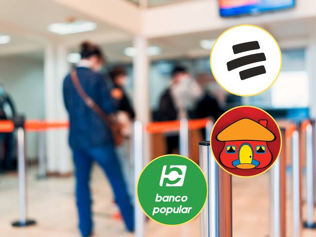 Personas haciendo fila en un banco. En los círculos, los logos de Bancolombia, Davivienda y Banco Popular (Fotos vía GettyImages y redes sociales)