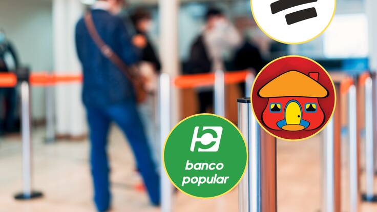 Personas haciendo fila en un banco. En los círculos, los logos de Bancolombia, Davivienda y Banco Popular (Fotos vía GettyImages y redes sociales)