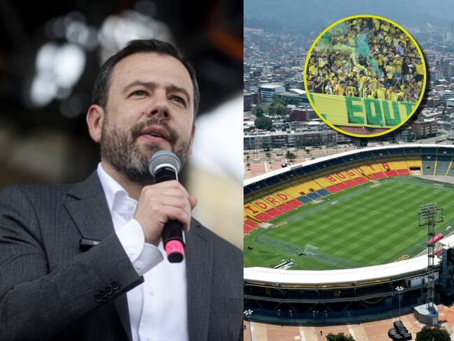 Alcalde Carlos Fernando Galán, estadio El Campín e hinchada del Bucaramanga. Foto: (Colprensa - Lina Gasca) / Getty Images / (Colprensa - Jaime Moreno)
