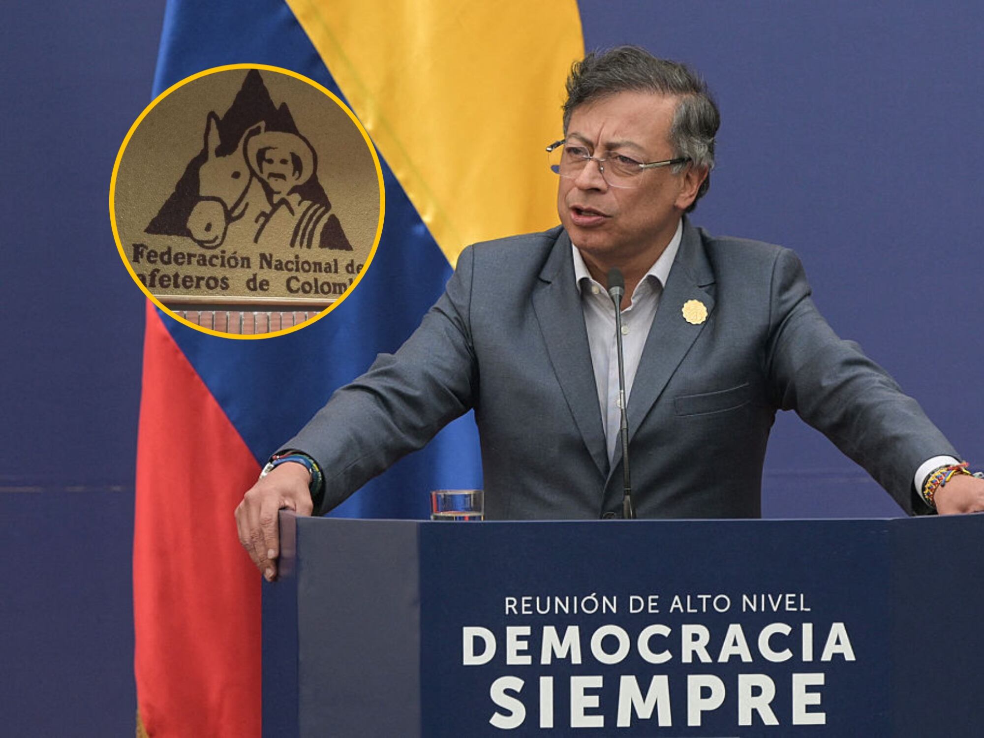 Gustavo Petro y logo de la Federación Nacional de Cafeteros. Fotos: Getty Images y suministrada.