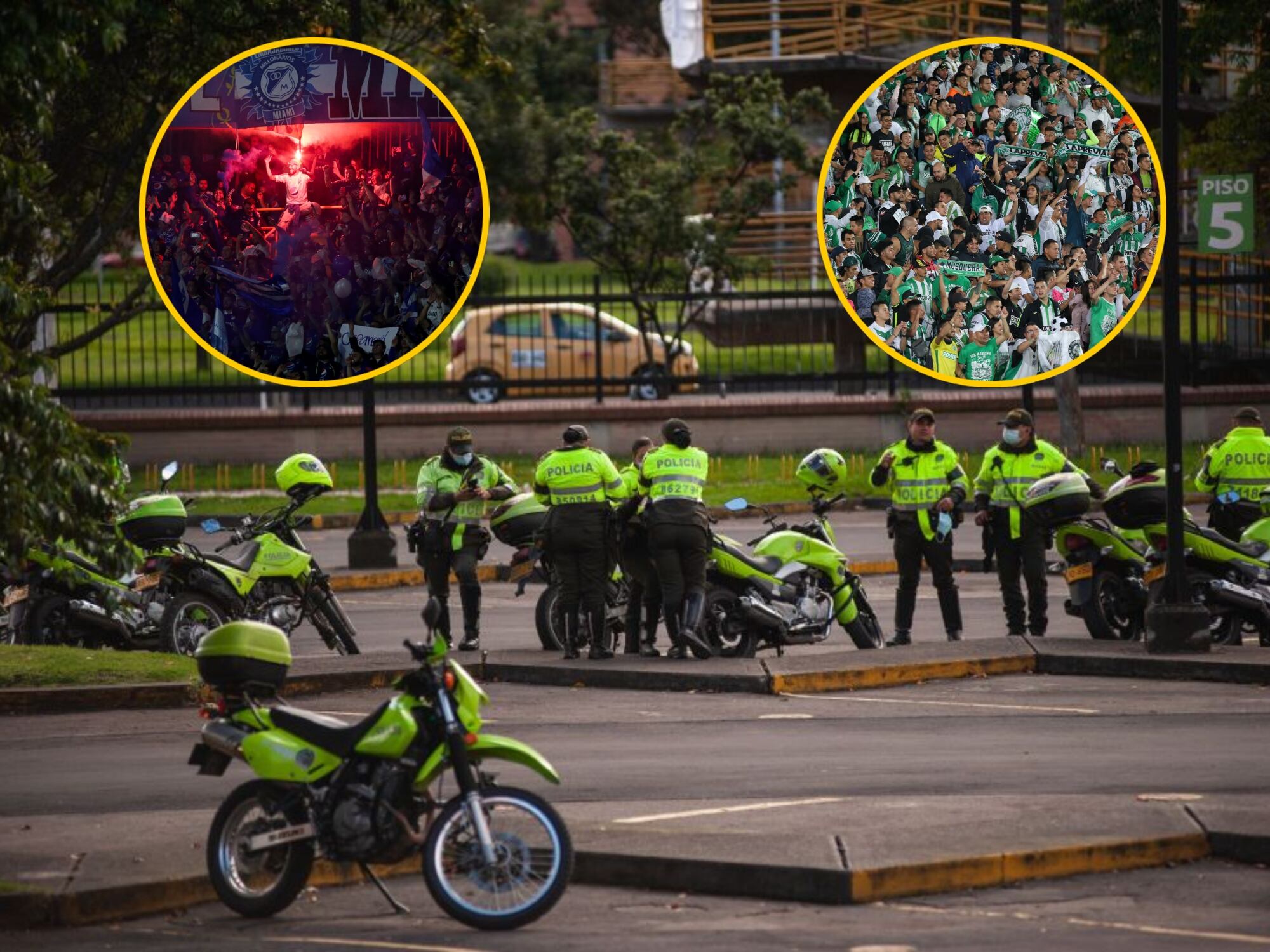 Policías e imágenes de las hinchadas de Millonarios y Nacional. Fotos: Getty Images y Colprensa.
