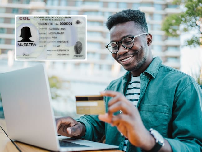Hombre usando su computador para hacer un pago en línea con tarjeta de crédito. Encima imagen referencia de cédula de extranjería (Fotos vía GettyImages y Registraduría Nacional)