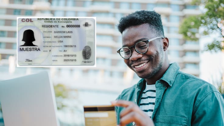 Hombre usando su computador para hacer un pago en línea con tarjeta de crédito. Encima imagen referencia de cédula de extranjería (Fotos vía GettyImages y Registraduría Nacional)
