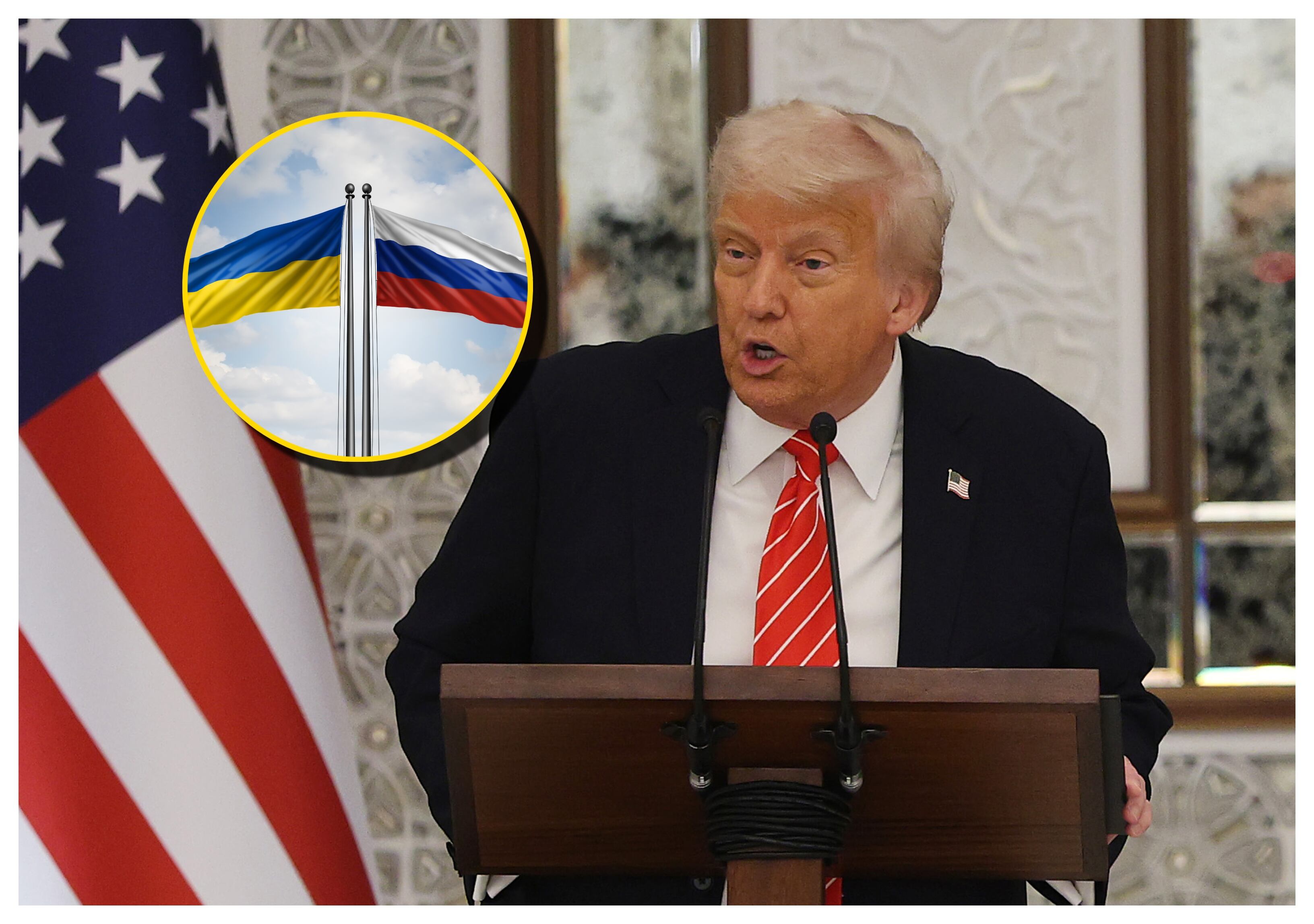 Donald Trump y banderas de Rusia y Ucrania. Foto: Win McNamee/wildpixel vía Getty Images.