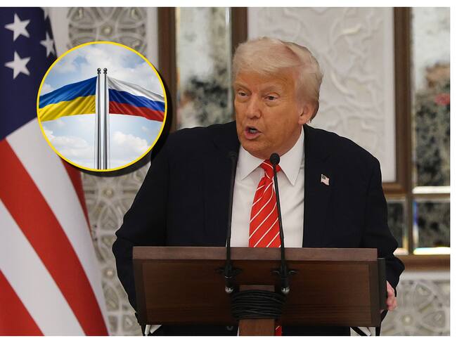 Donald Trump y banderas de Rusia y Ucrania. Foto: Win McNamee/wildpixel vía Getty Images.