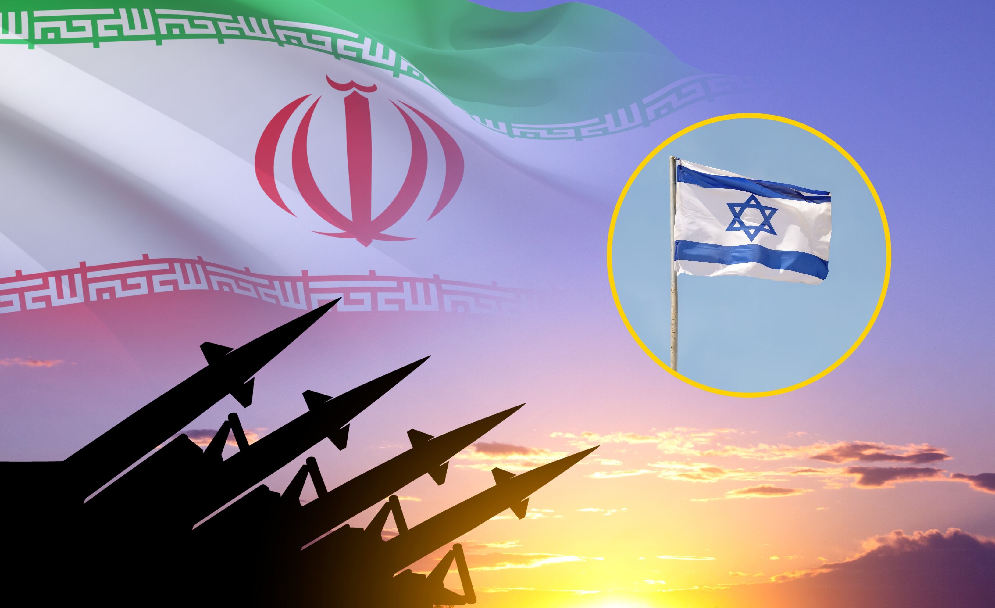 Referencia de misiles iraníes y bandera de Israel. Foto:  Anton Petrus y Nick Brundle Photography vía Getty Images. 