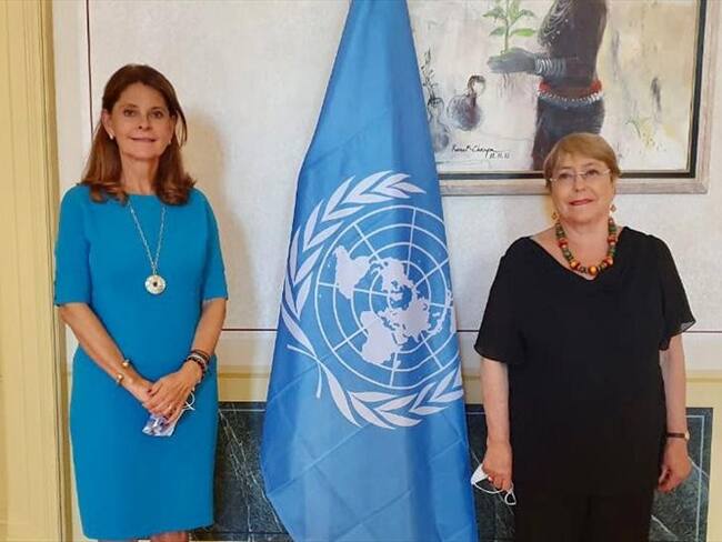 La vicepresidenta y canciller Marta Lucía Ramírez se reunión con la alta Comisionada de las Naciones Unidas para los Derechos Humanos, Michelle Bachelet.. Foto: Cortesía Cancillería