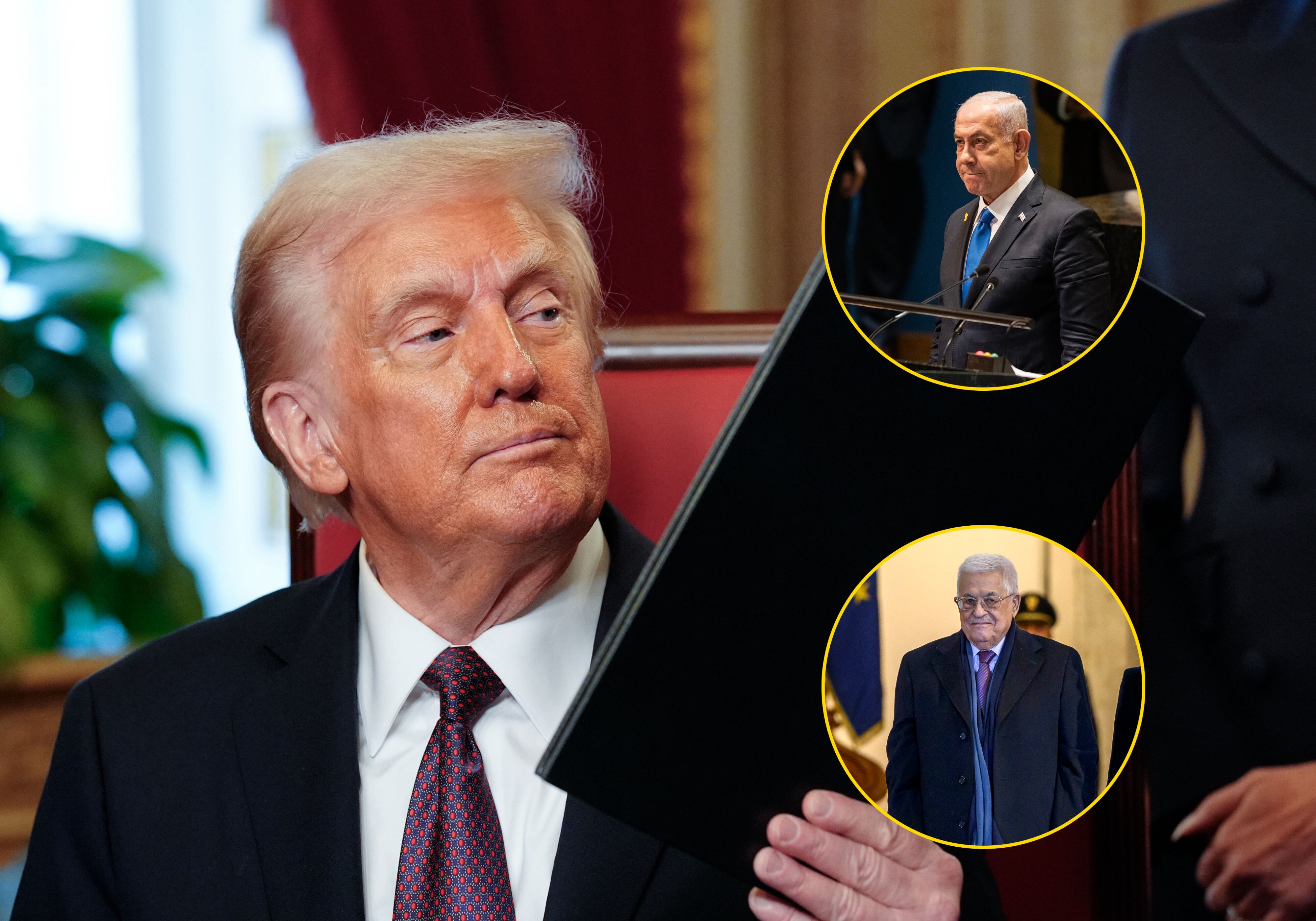 El presidente de Estados Unidos, Donald Trump (Melina Mara-Pool/Getty Images), el primer ministro de Israel, Benjamín Netanyahu (Lev Radin/Pacific Press/LightRocket via Getty Images) y el presidente de la Autoridad Palestina, Mahmud Abás ( Antonio Masiello/Getty Images)