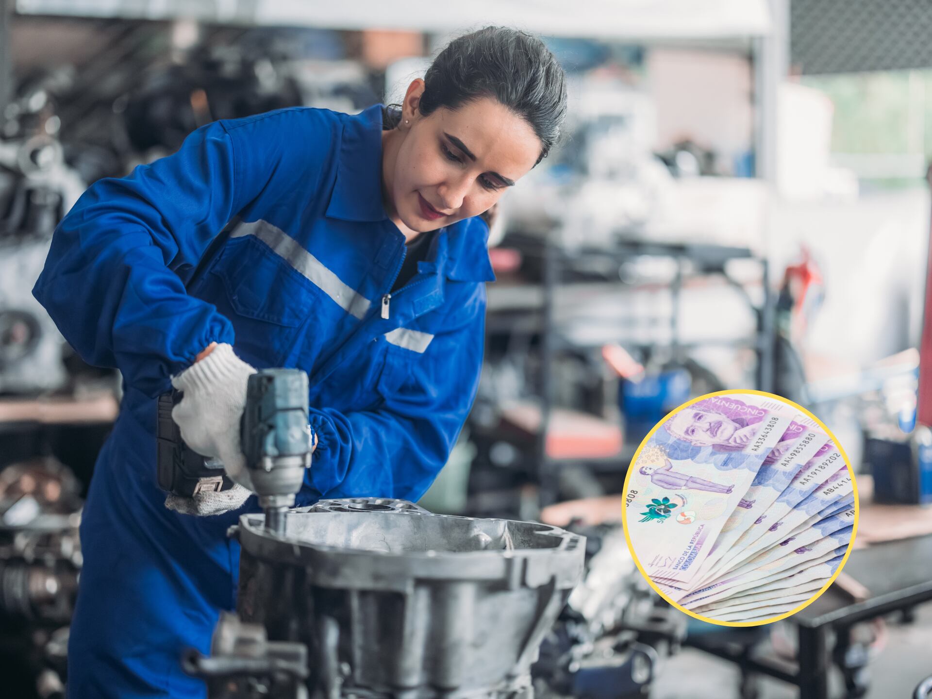 Técnico de automóviles revisando un motor. En el círculo, la imagen del billete de 50 mil pesos colombianos / Fotos: GettyImages