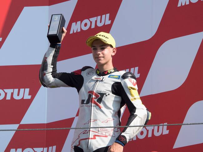 ASSEN, NETHERLANDS - JUNE 27: Jakub Gurecky of Czech Rep. and Northern Talent Cup celebrates the third place on the podium during the Northern Talent Cup race 2 during the MotoGP of Netherlands - Race at TT Circuit Assen on June 27, 2021 in Assen, Netherlands. (Photo by Mirco Lazzari gp/Getty Images)