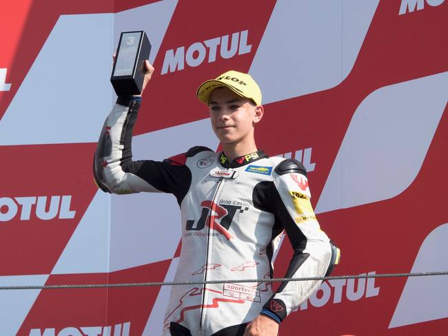 ASSEN, NETHERLANDS - JUNE 27:  Jakub Gurecky of Czech Rep. and Northern Talent Cup celebrates the third place on the podium during the Northern Talent Cup race 2 during the MotoGP of Netherlands - Race at TT Circuit Assen on June 27, 2021 in Assen, Netherlands. (Photo by Mirco Lazzari gp/Getty Images)