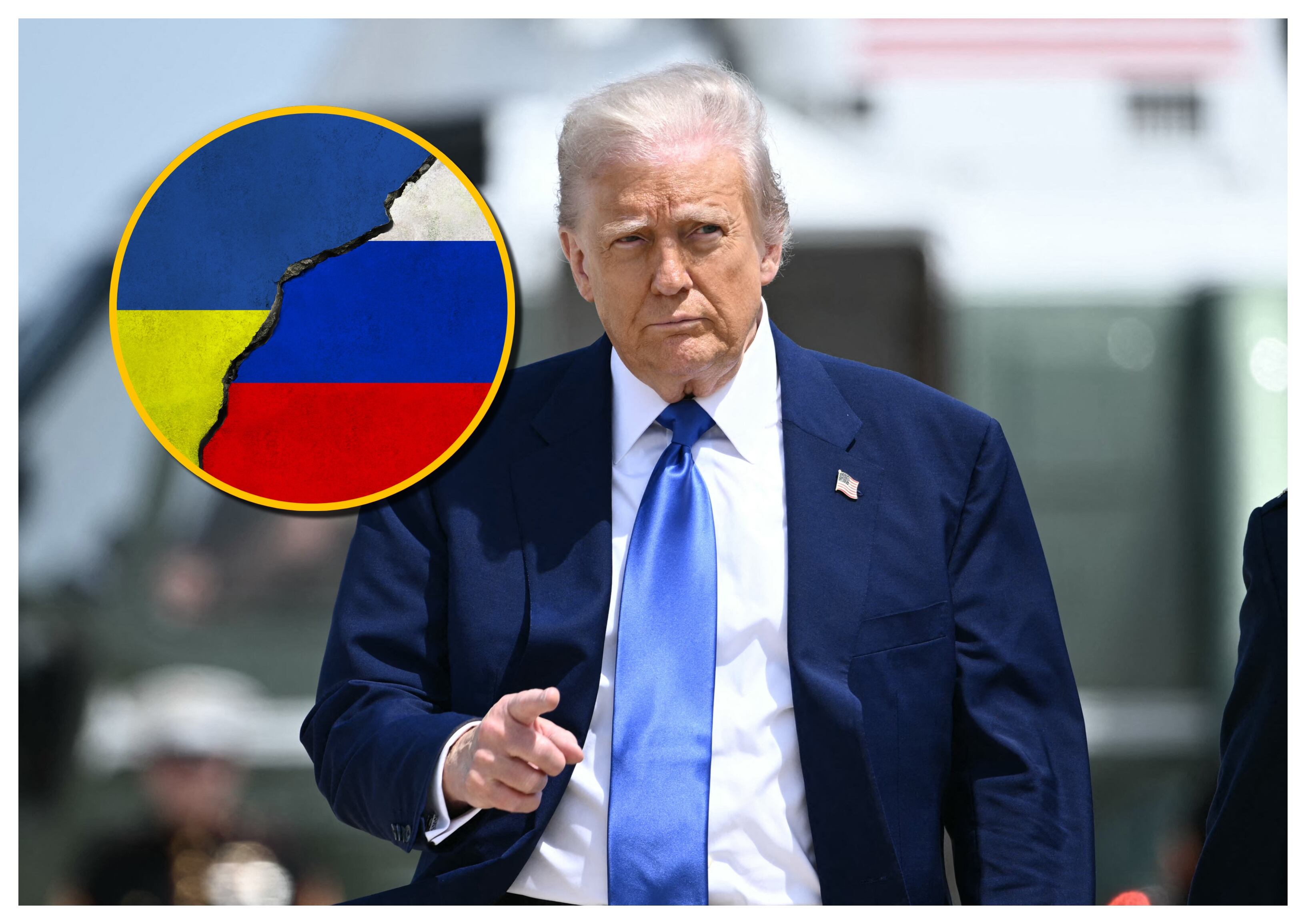 Donald Trump y banderas de Rusia y Ucrania. Foto: BRENDAN SMIALOWSKI/AFP y Verona vía Getty Images. 
