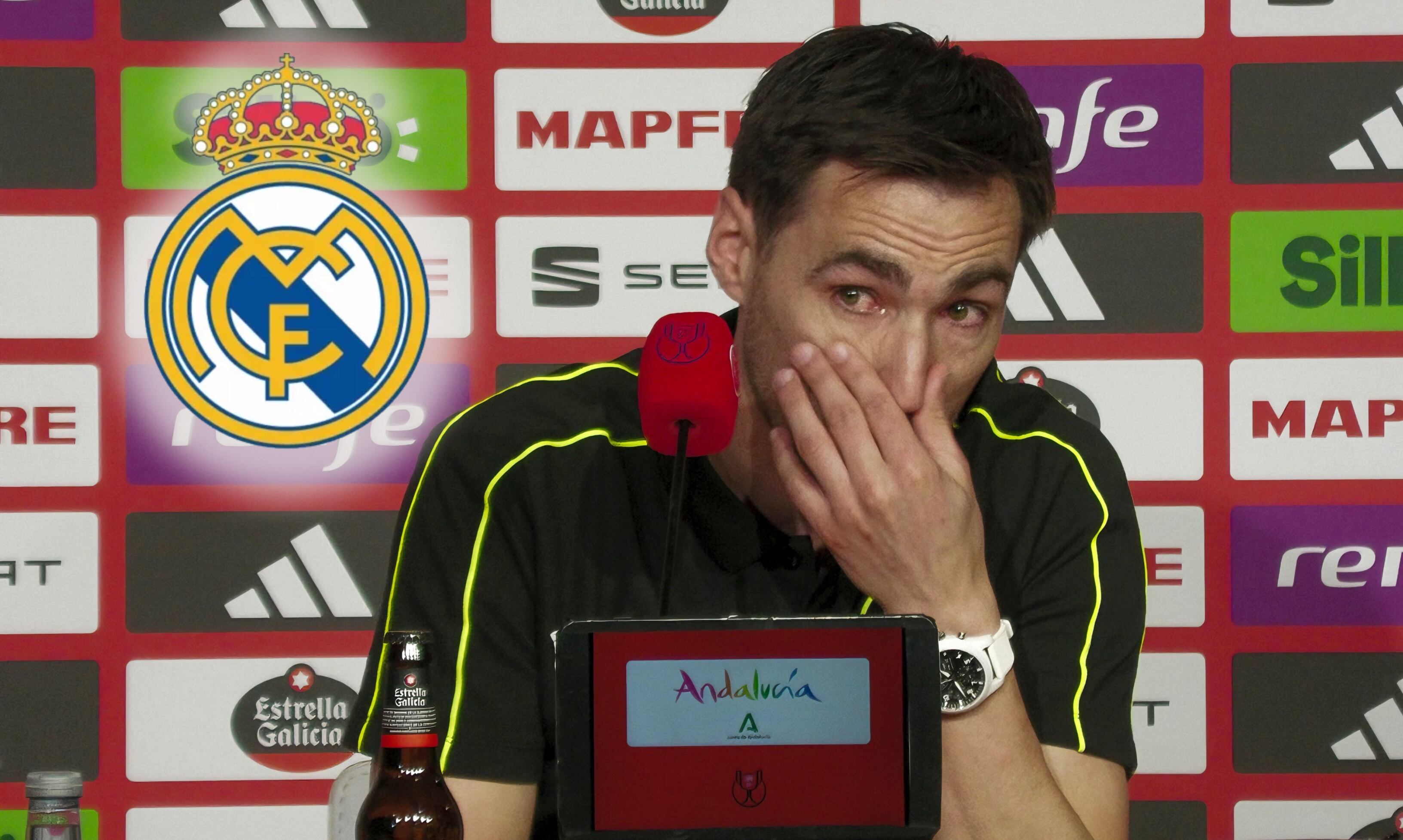 Árbitro Ricardo de Burgos Bengoechea en la rueda de prensa previa a la Copa del Rey. FOTO: EFE/ David Arjona.// Logo Real Madrid: Página oficial