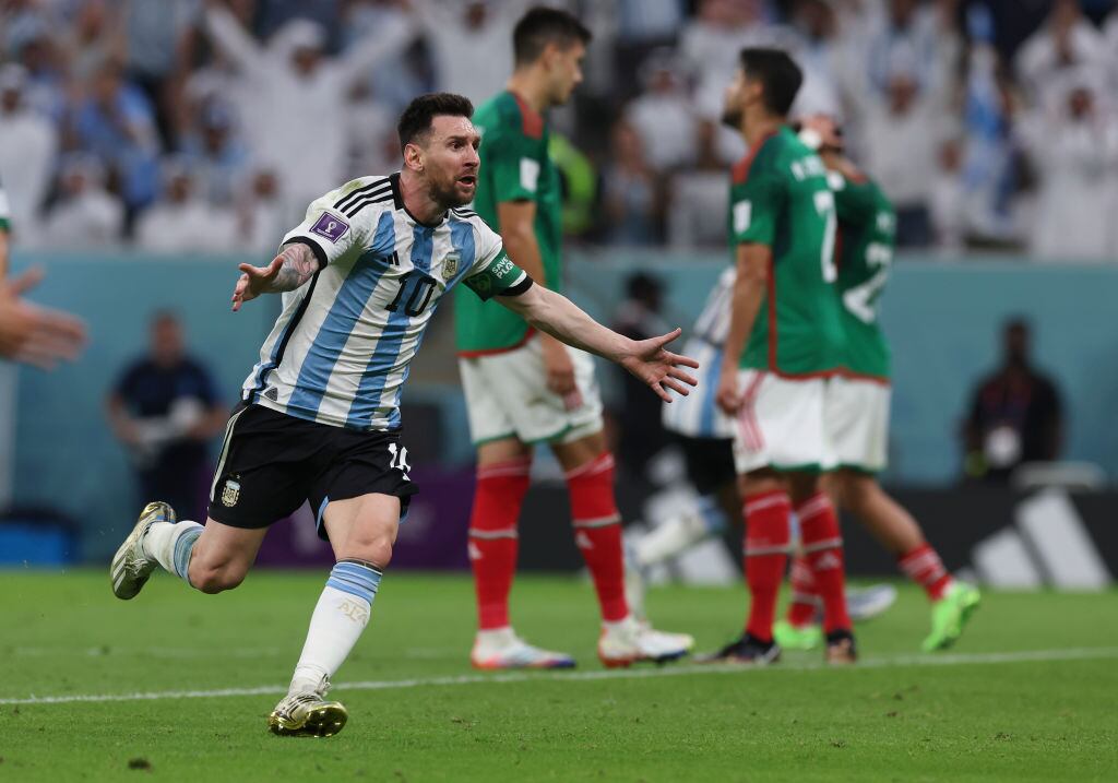 LUSAIL CITY, QATAR - NOVEMBER 26: Lionel Messi of Argentina celebrates after scoring to make it 1-0 during the FIFA World Cup Qatar 2022 Group C match between Argentina and Mexico at Lusail Stadium on November 26, 2022 in Lusail City, Qatar. (Photo by Ian MacNicol/Getty Images)