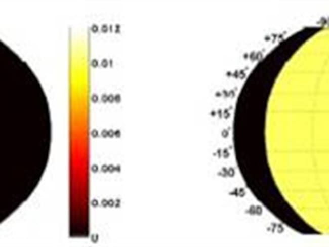 Dos mapas de luz a partir de modelos computacionales diferentes muestran la distribución longitudinal de luz en el planeta Kepler-7b. Foto: BBC Mundo.