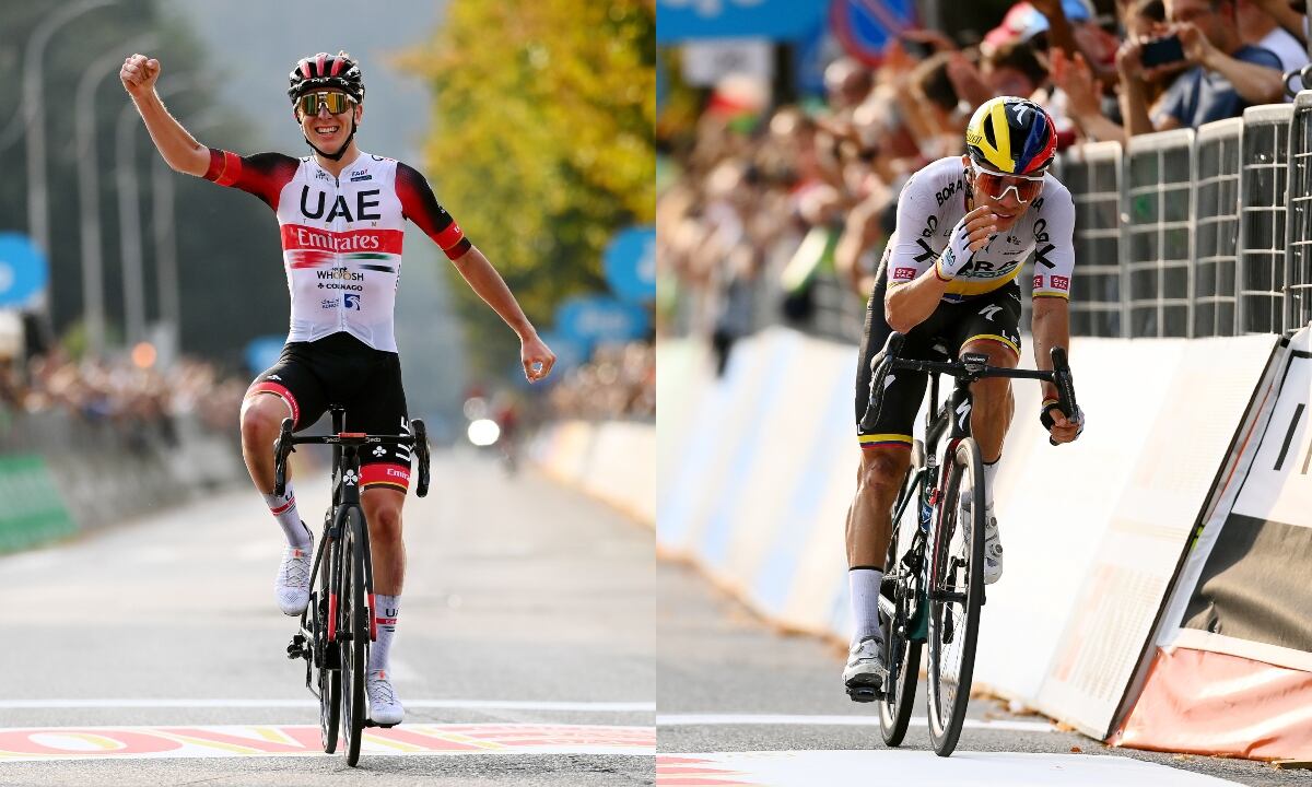 Tadej Pogacar y Sergio Higuita en el Giro de Lombardía. Foto: Getty Images.