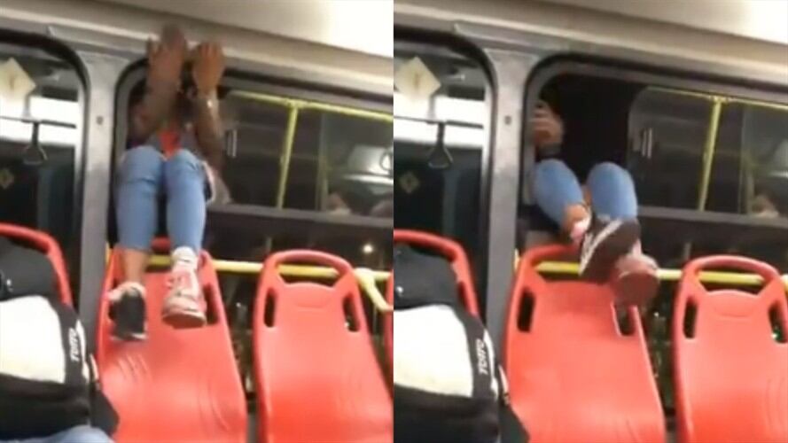 Mujer se bajó del Transmilenio por una ventana. Foto: Twitter: @wilchesara