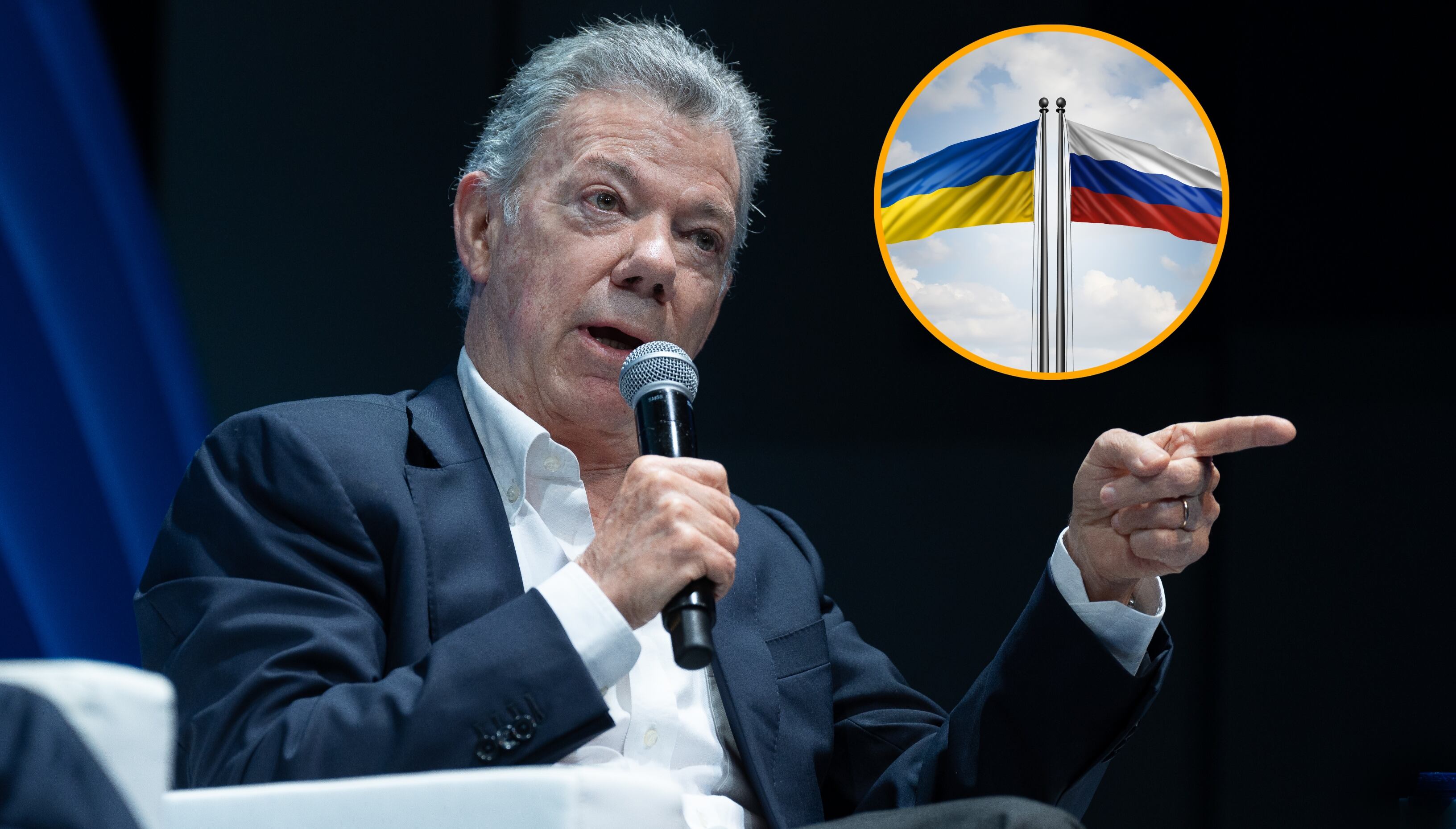 Juan Manuel Santos y banderas de Rusia y Ucrania. Foto:  David Zorrakino/Europa Press y Getty Images.