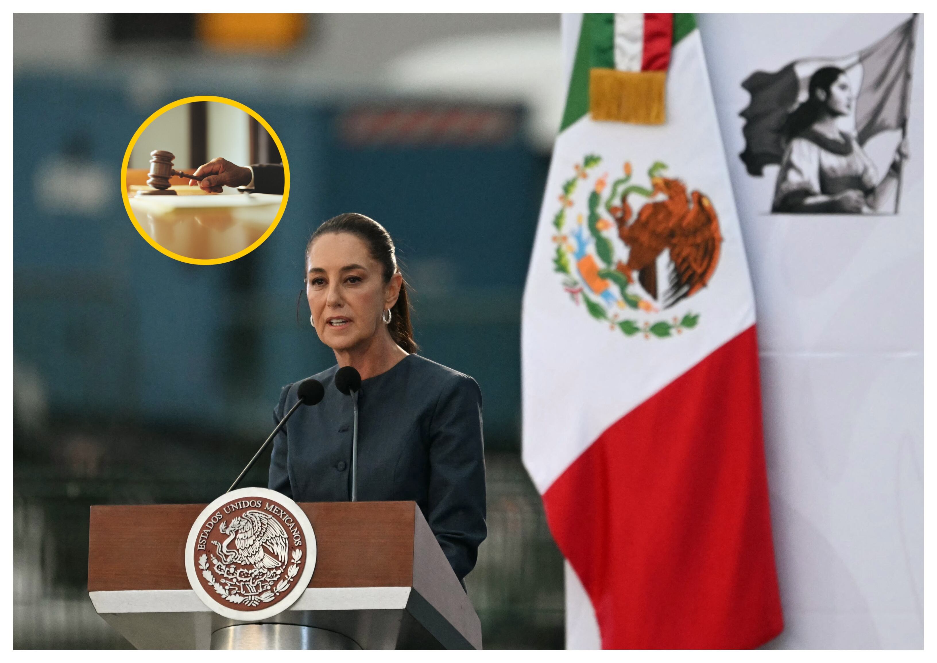 Claudia Sheinbaum y referencia de tribunal. Foto: YURI CORTEZ/AFP y Yellow Dog Productions via Getty Images.
