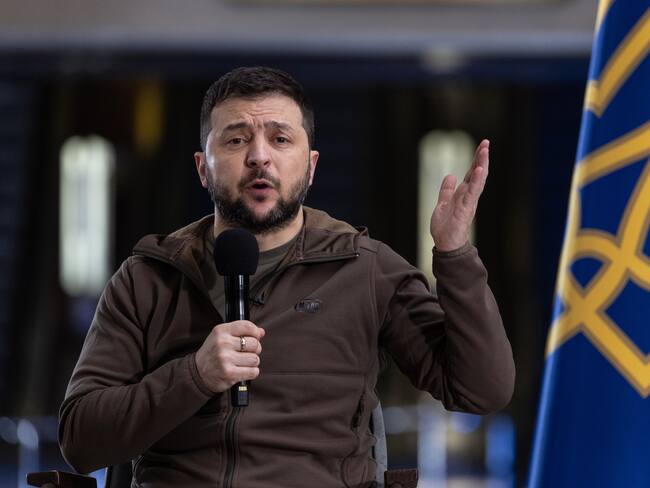 KYIV, UKRAINE - APRIL 23: Ukrainian President Volodymyr Zelensky answers questions at a press conference on April 23, 2022 in Kyiv, Ukraine. (Photo by John Moore/Getty Images)