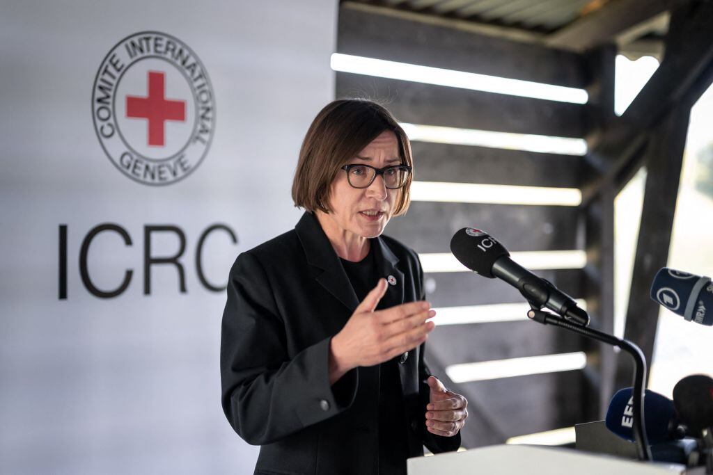 International Committee of the Red Cross (ICRC) President Mirjana Spoljaric Egger delivers remarks during a press preview of the use of drones in humanitarian work in Avully near Geneva, on June 7, 2023. The ICRC have been using drones as platforms for tools in support of their programmes in several contexts, including the assessment of destroyed infrastructure, and the survey and detection of mines and suspect contaminated areas. (Photo by Fabrice COFFRINI / AFP) (Photo by FABRICE COFFRINI/AFP via Getty Images)