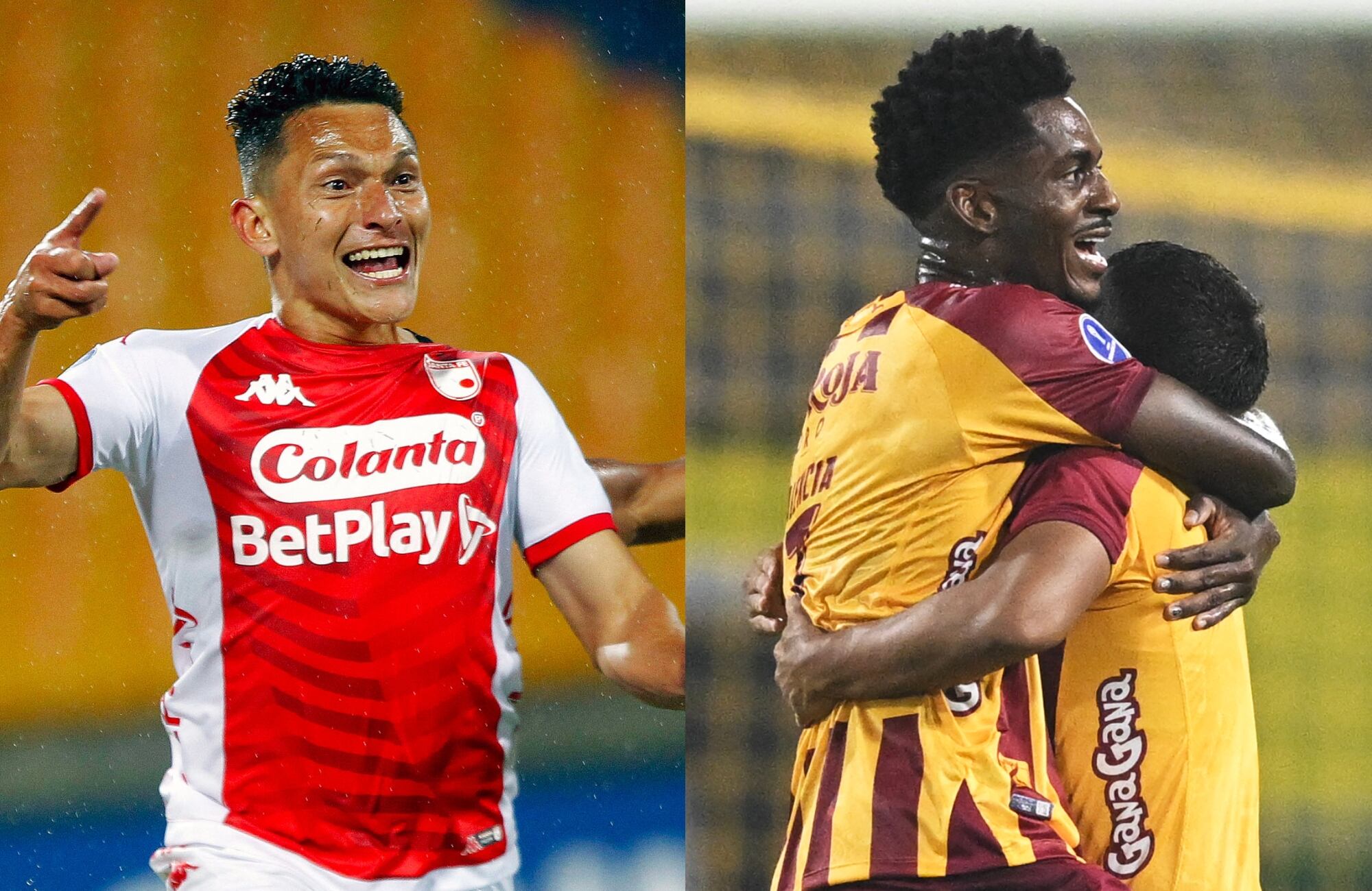 Independiente Santa Fe y Deportes Tolima. Foto: (Photo by FREDDY BUILES/AFP via Getty Images) / (Photo by RAUL ARBOLEDA/AFP via Getty Images)