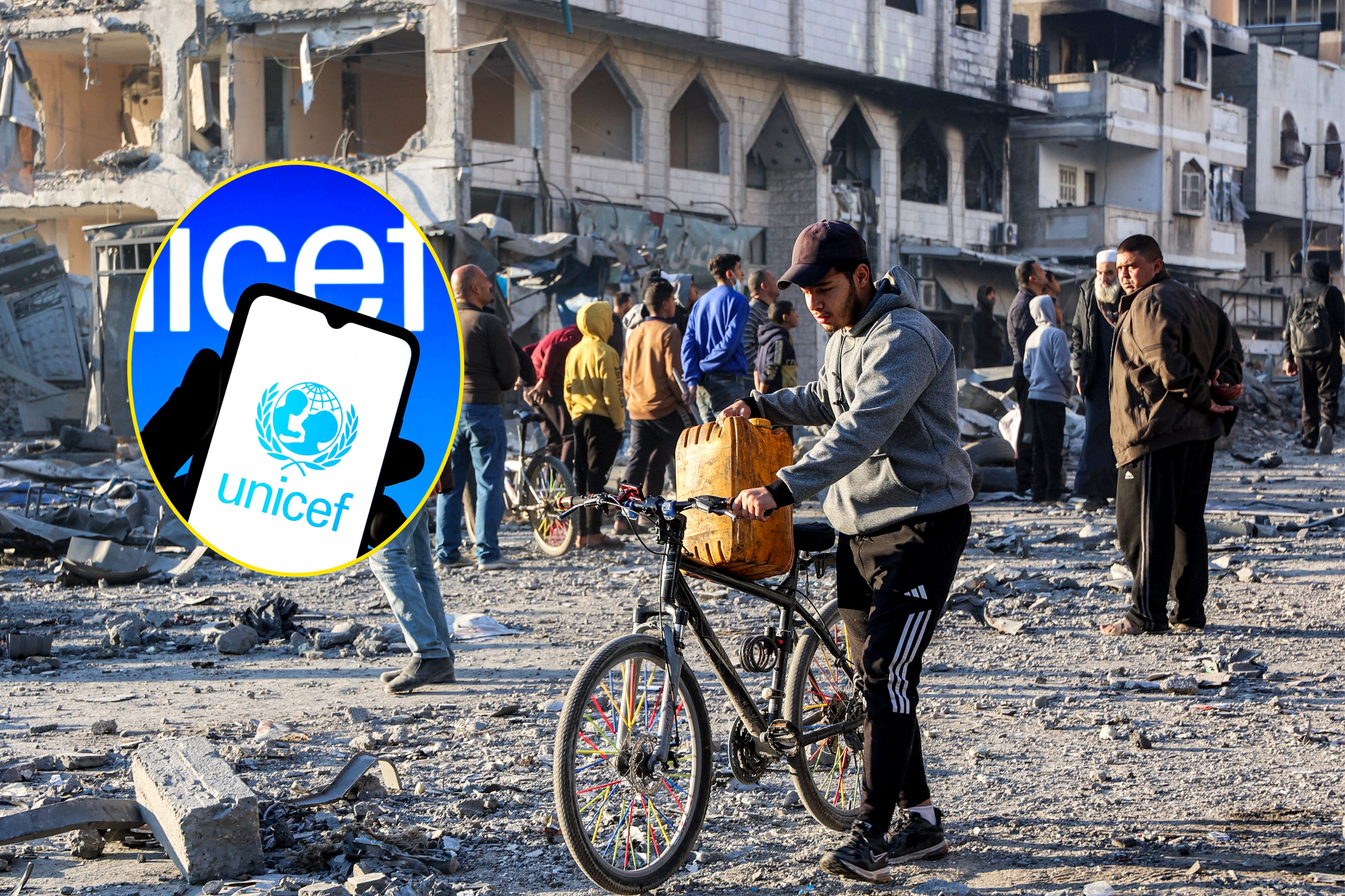 Ciudad de Gaza|FOTO: Omar AL-QATTAA / AFP vía Getty Images. Logo UNICEF |FOTO E ILUSTRACIÓN: Mateusz Slodkowski/SOPA Images/LightRocket vía Getty Images