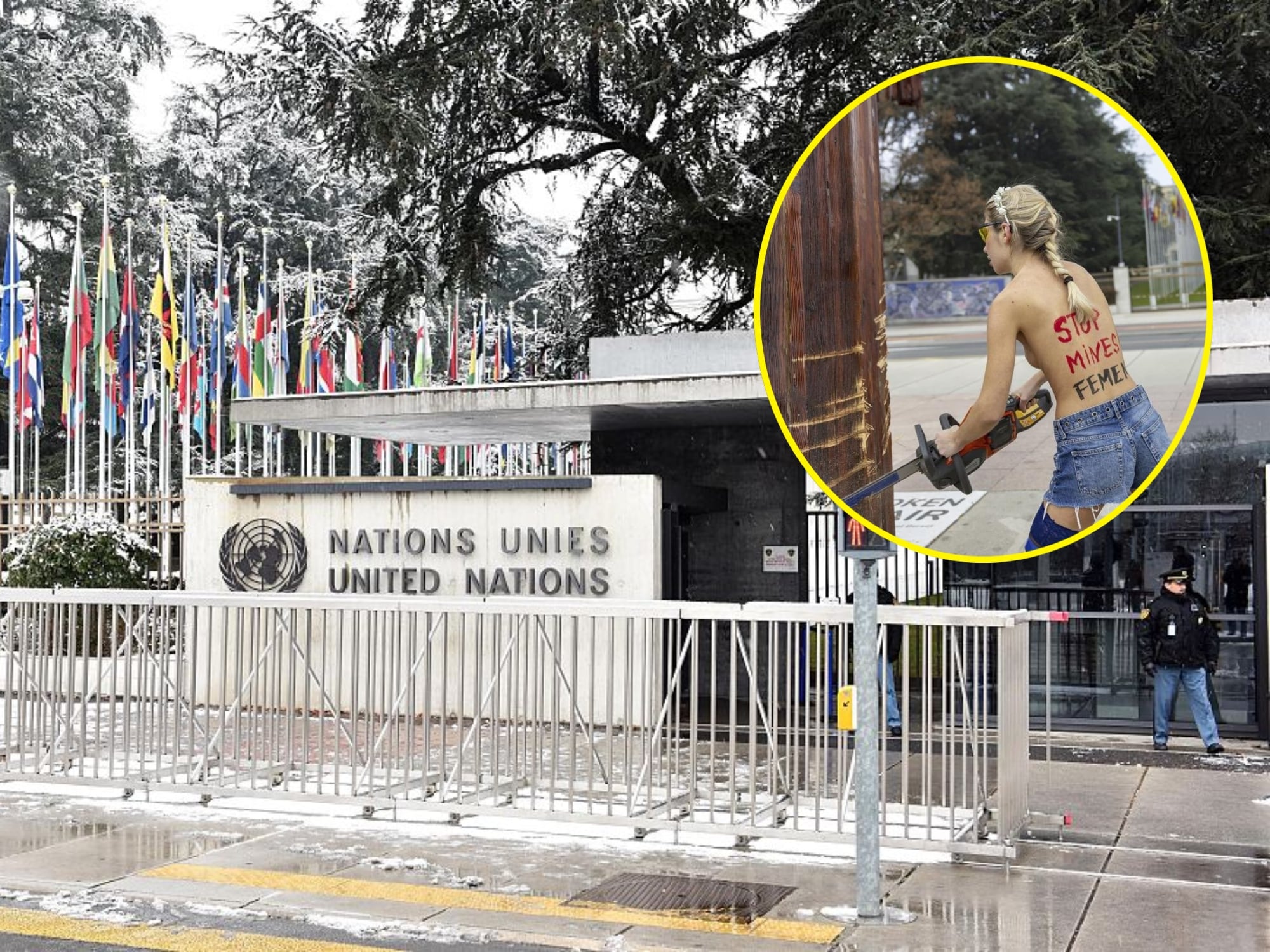 Sede de la ONU en Ginebra. I Foto: Mustafa Yalcin/Anadolu Agency/Getty Images. Activista atacando un monumento de la ONU. I Foto: Red social 'X'.