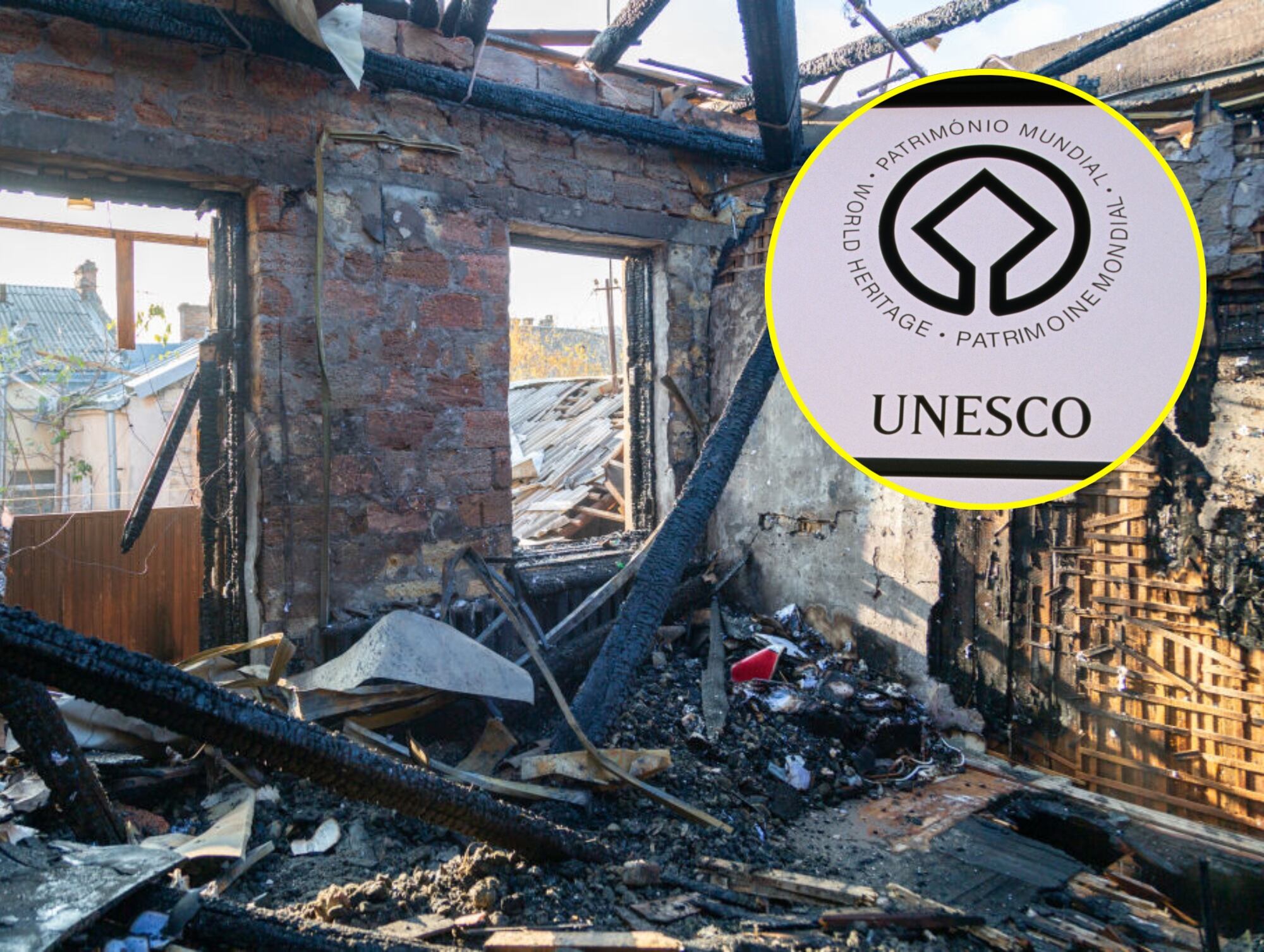 Ataque ruso en Odesa. I Foto: Maiia Makieieva/Global Images Ukraine via Getty Images. Logo de la Unesco, Portugal. I Foto: Getty Images.