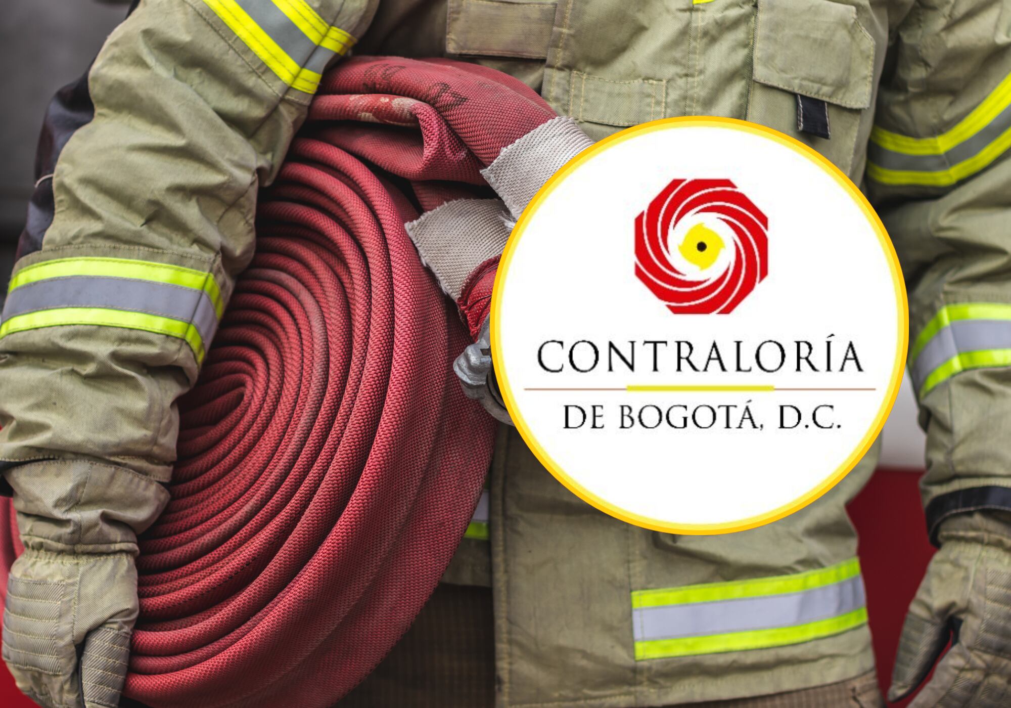 Imagen de referencia de bombero y logo de la Contraloría de Bogotá. Fotos: Getty Images / X @ContraloriaBta