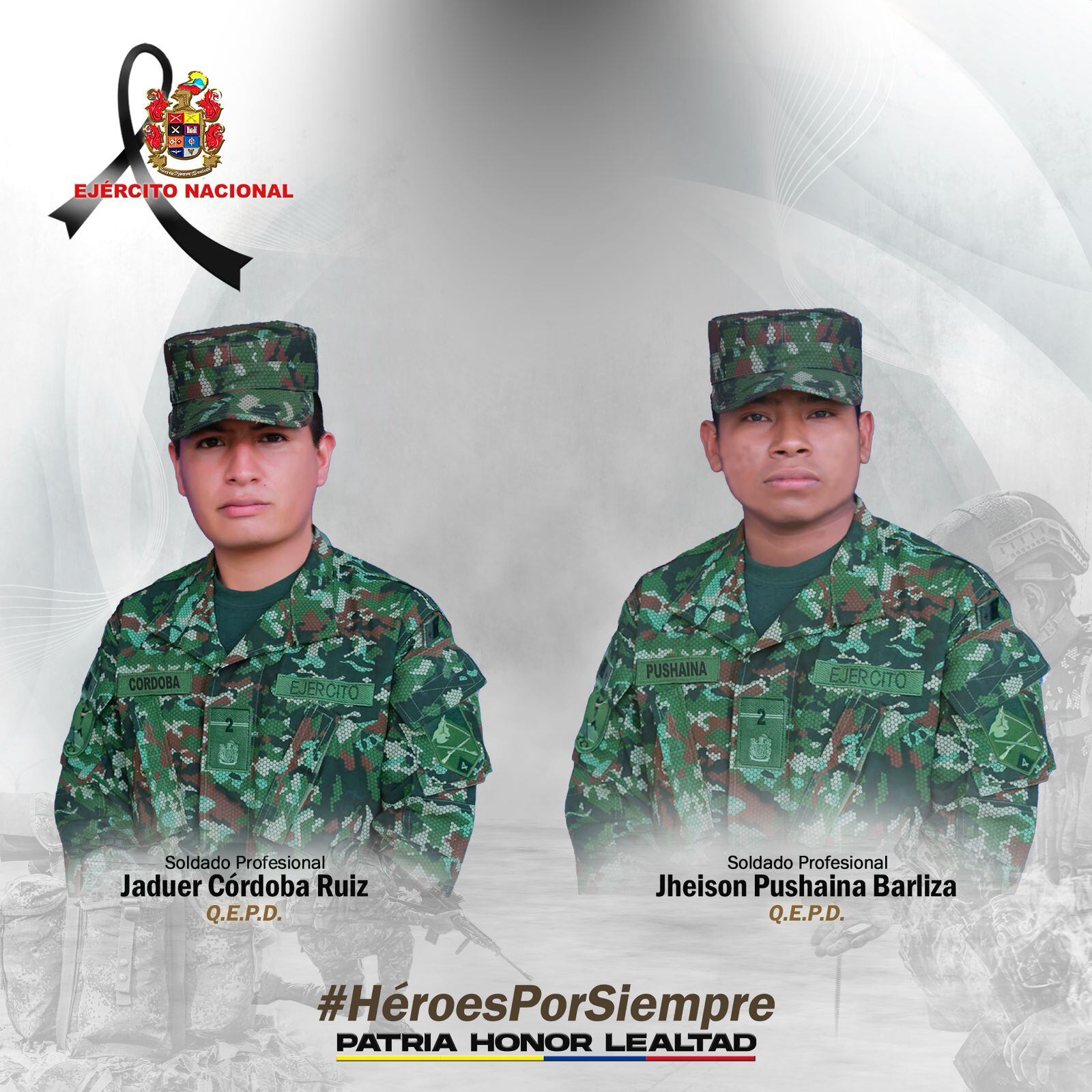 Soladados profesionales Jaduer Córdoba Ruíz y Jheison Pushaina Barliza, asesinados por las disidencias en el sur del Cauca. Crédito: Ejército Nacional.