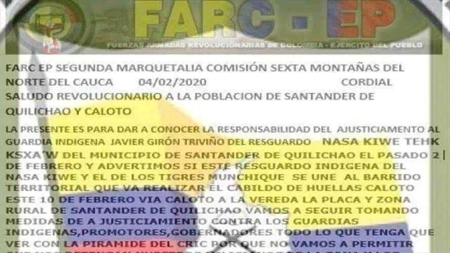 En el escrito se atribuyen la responsabilidad en este crimen, y profieren nuevas amenazas contra los integrantes del Consejo Regional Indígena del Cauca, Cric. . Foto: Senador Feliciano Valencia