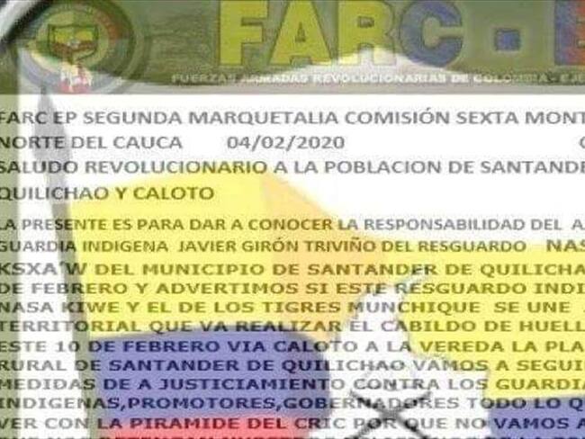 En el escrito se atribuyen la responsabilidad en este crimen, y profieren nuevas amenazas contra los integrantes del Consejo Regional Indígena del Cauca, Cric. . Foto: Senador Feliciano Valencia